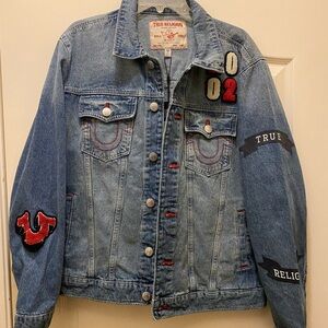 True Religion Blue Denim Jacket with Red Accents